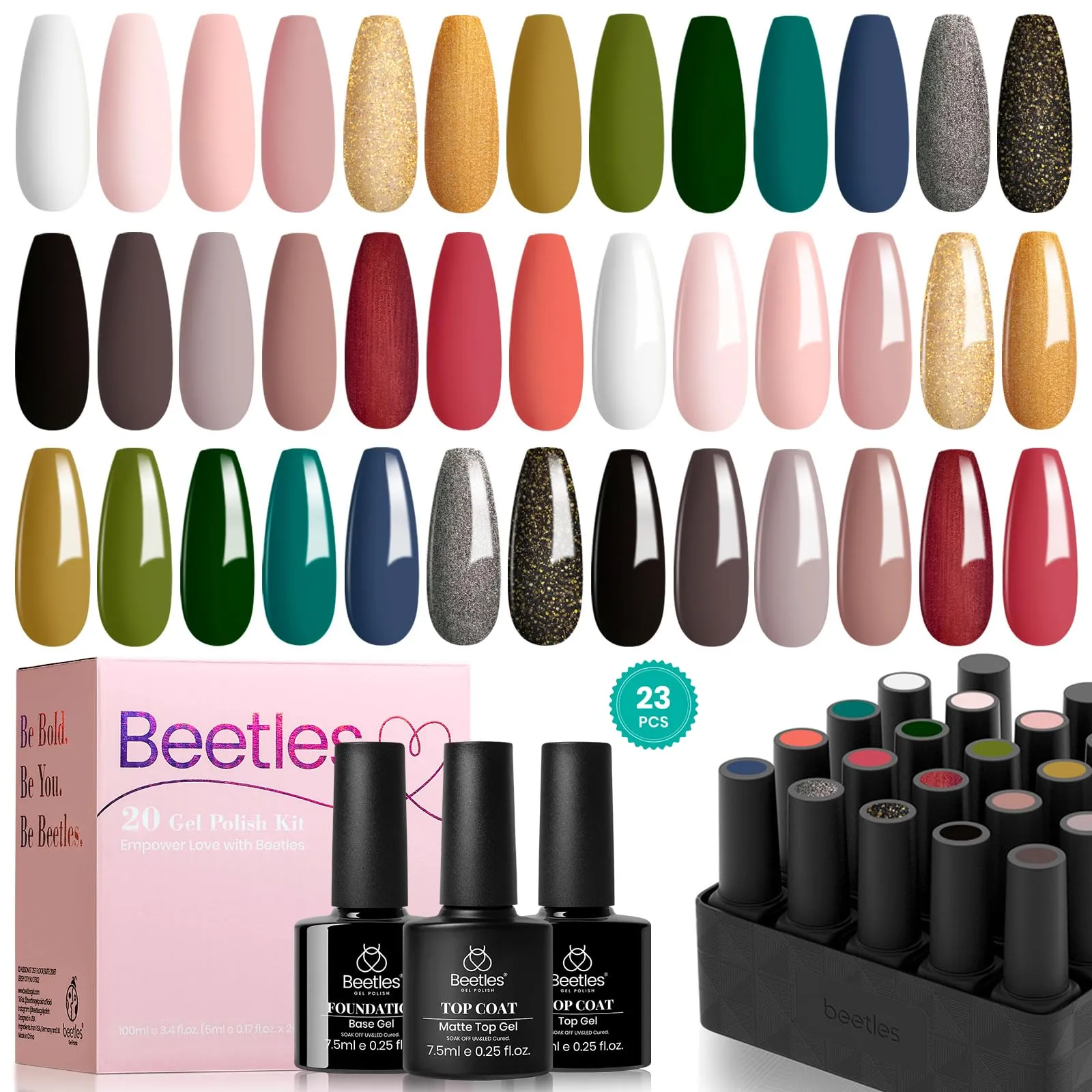 Beetles 23Pcs Gel Nail Polish Kit with Base Gel Top Coat, Pink Nude Grey Green White Black Glitters Gel Polish Set Soak off UV Led Gel Nail Art Manicure Gift for Girls Women Lucky Tarot Collection