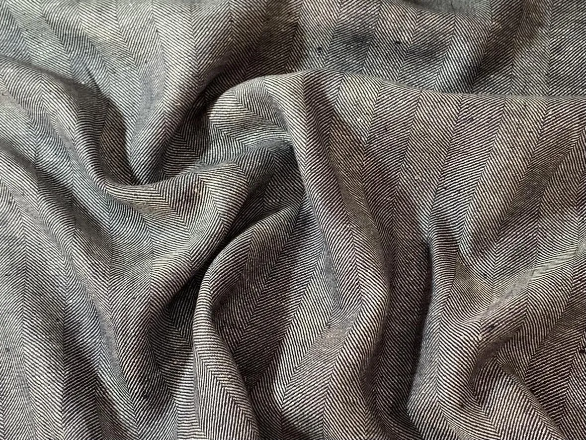 Navy Blue Herringbone 100% Linen Fabric - Heavy Weight