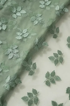Olive Thread With Sequins Leafy Embroidery Work On Olive Soft Net Fabric