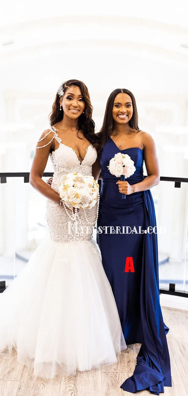 Sexy One-shoulder Mermaid Soft Satin Long Bridesmaid Dresses,WGY0217