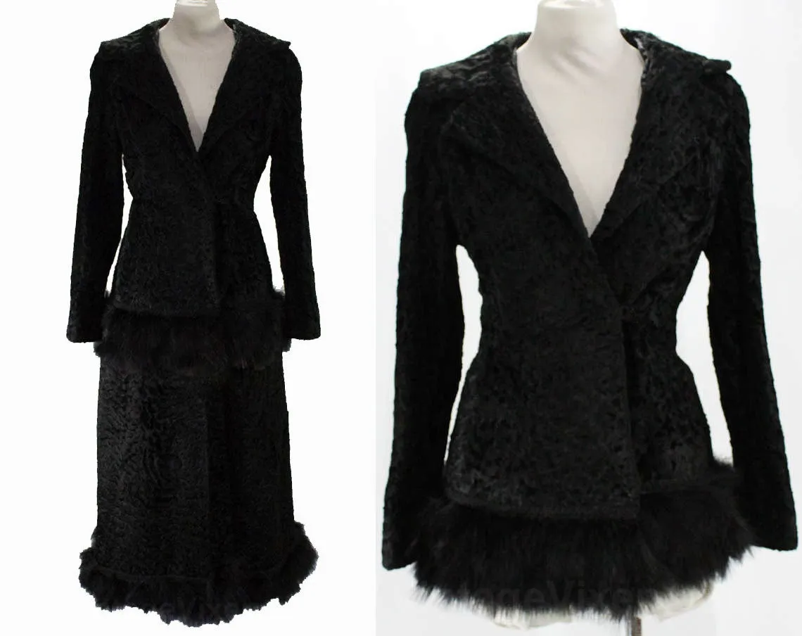 Size 6 1930s Fur Coat - Rare 30s Black Sheared Lamb Winter Overcoat with Zip-Away Hem - Feather Trim Jacket & Convertible Length - Bust 34