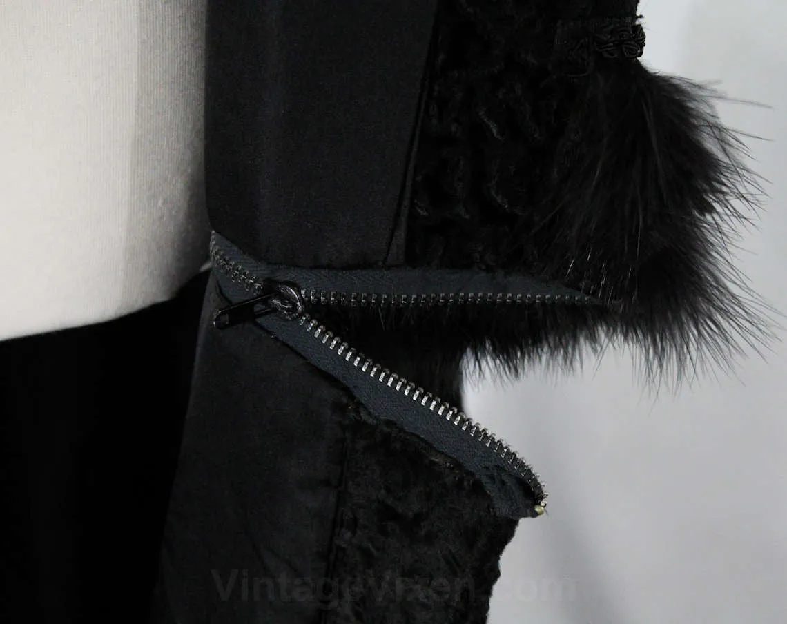 Size 6 1930s Fur Coat - Rare 30s Black Sheared Lamb Winter Overcoat with Zip-Away Hem - Feather Trim Jacket & Convertible Length - Bust 34