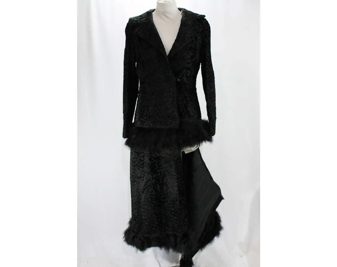 Size 6 1930s Fur Coat - Rare 30s Black Sheared Lamb Winter Overcoat with Zip-Away Hem - Feather Trim Jacket & Convertible Length - Bust 34