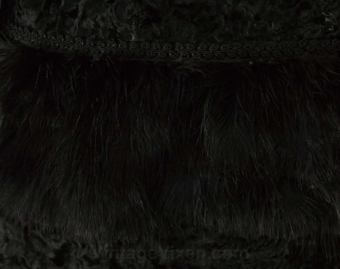 Size 6 1930s Fur Coat - Rare 30s Black Sheared Lamb Winter Overcoat with Zip-Away Hem - Feather Trim Jacket & Convertible Length - Bust 34