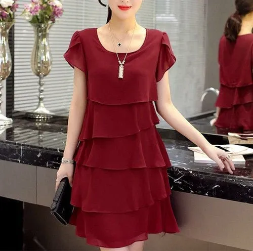 SOTHORYOS Chiffon Soft Ruffle Knee Length Pullover Dress